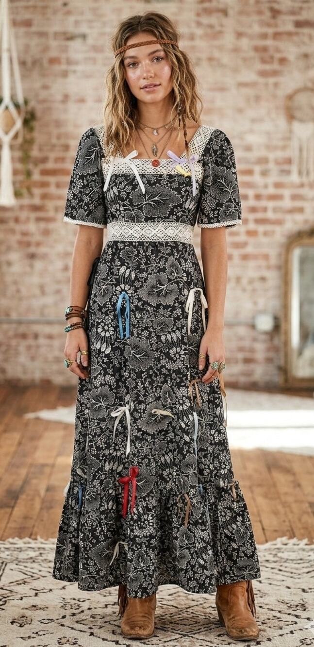 Unique 70s Floral Cottagecore Boho Festival/Costume Dress with Lace and Ribbons